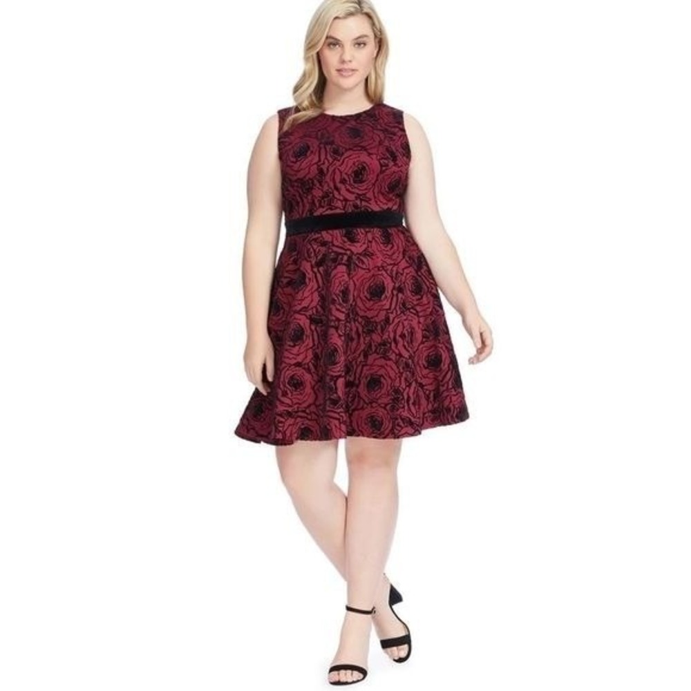 Gabby Skye Floral cranberry andâ black flocked scuba dress plus size 24W NEW